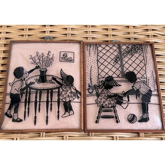 Vintage 40's Pair Silhouette Convex Glass Pictures Reverse Painted 5x4" - Picture 3 of 10